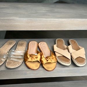 Three neutral color target slide flip flops